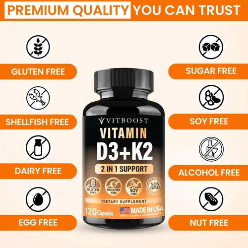 Vista 9 de VITBOOST Complejo de vitamina D3 K2 – Fácil de tragar – Vitamina D (D3) 5000 UI (125 mcg) y K2 (MK-7) 90 mcg Sin OGM Sin gluten Fabricado