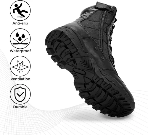 Vista 5 de WIDEWAY Botas de trabajo tácticas militares de 8 pulgadas con cremallera lateral ligeras de combate del ejército botas de trabajo duraderas