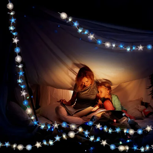 Vista 3 de Zhanmai 2 piezas de luces de cadena para decoración marina temática náutica de conchas y caballitos de mar para dormitorio, 10 pies, 30 luces LED