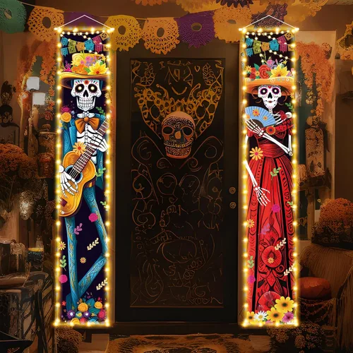 Vista 4 de Decoraciones de Halloween Día de los Muertos con luz para porche, decoración de Halloween, Día de los Muertos de México, carteles de porche