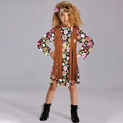 Vista 6 de Haysandy Conjunto de disfraz hippie para niños, vestido hippie de los años 60 y 70, signo de la paz, accesorios de fiesta para carnaval, Halloween