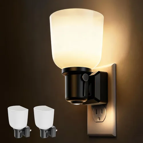 Vista 10 de L LOHAS LED Luz Nocturna con Atenuación Sin Escalones del 0-100%, Luz Nocturna de Vidrio Manchado Enchufable con Sensor de Anochecer a Amanecer, Luz
