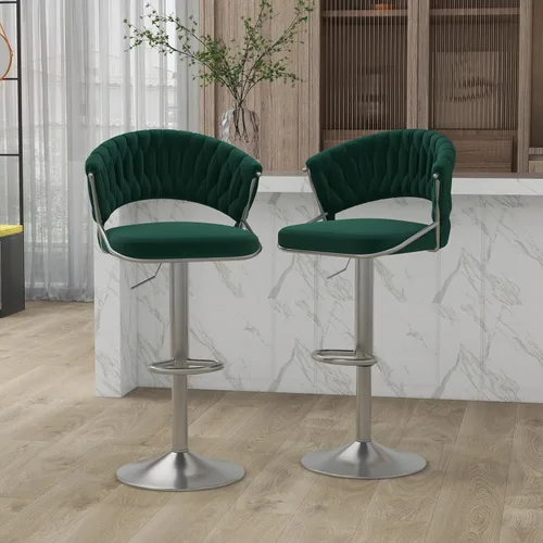 Vista 15 de Juego de 2 taburetes de bar giratorios de 360° con respaldo alto, silla de bar de terciopelo ajustable moderna de altura de mostrador, taburete