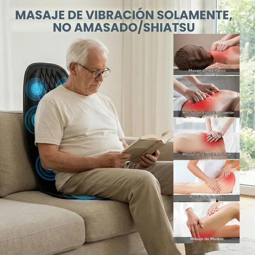 Vista 2 de Cojín de asiento de masaje de vibración con calor, almohadilla masajeador de silla de 8 motores con soporte lumbar ajustable manual, 9 modos, 3 Negro