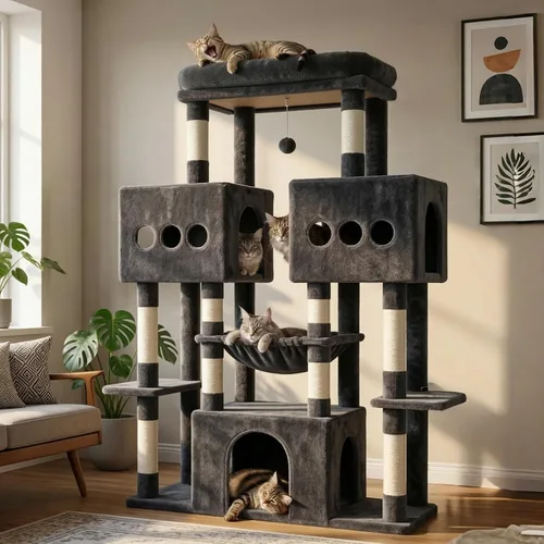 Vista 10 de Hey-brother Torre de árbol para gatos, postes rascadores de sisal grande con plataforma grande, 3 amplios condominios, hamaca de felpa, juguete