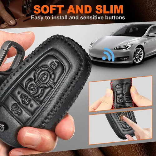 Vista 2 de Slohif Funda de cuero para llavero Ford para Edge Escape Expedition Explorer Fusion Mustang Ranger F-150 F-250 5 botones, funda de cuero+anillo en D
