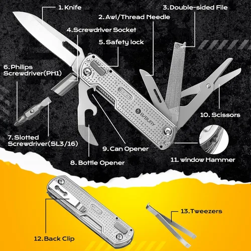 Vista 5 de BIBURY Cuchillo de bolsillo multiherramienta BI2056, cuchillo multiherramienta de acero inoxidable con clip, cuchillo plegable multiherramienta EDC