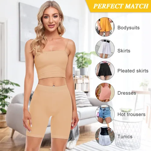 Vista 2 de SKIWEND Pantalones cortos sin costuras para mujer, pantalones cortos para debajo de los vestidos, muslos más delgados y antirozaduras