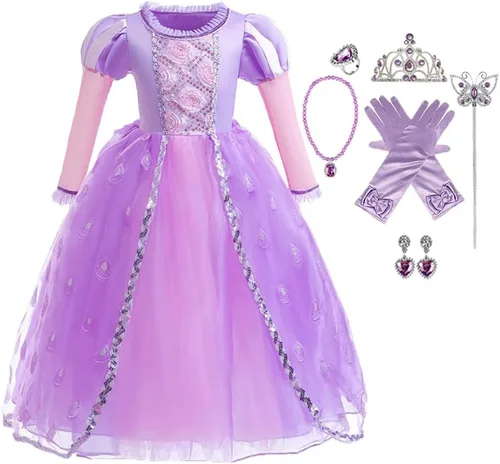 Vista 48 de Disfraz de princesa Sofía Rapunzel para niñas, disfraz de Halloween, Navidad, cumpleaños, fiesta con accesorios