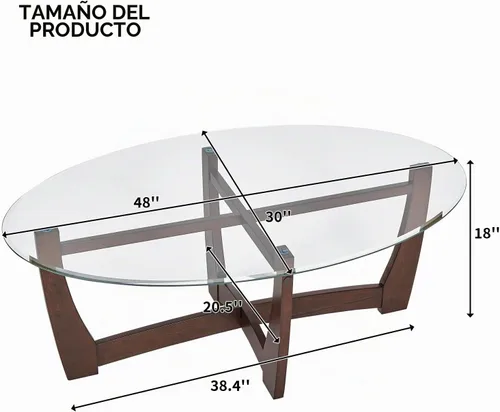 Vista 2 de Mesa de centro ovalada de vidrio de 48 pulgadas con cruz de vidrio templado y base de madera maciza, mesa central simple y moderna para sala