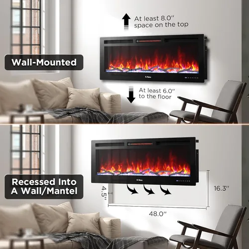 Vista 6 de TURBRO Chimenea eléctrica infrarroja inteligente WiFi de 50 pulgadas con sonido crepitante y llama realista, calentador de cuarzo de 1500 W