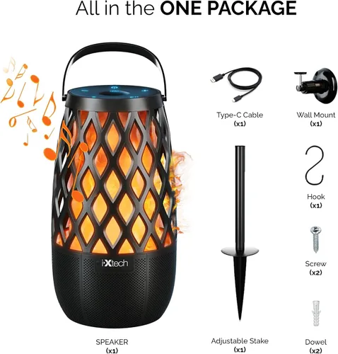 Vista 9 de IXTECH Altavoz Bluetooth para exteriores, impermeable, inalámbrico, con luz de llama LED, altavoz Bluetooth para ducha para camping, patio