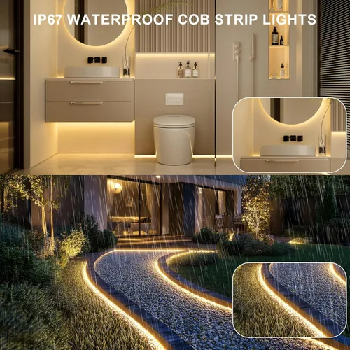 Vista 3 de Tira LED COB de 20 pies para exteriores IP67, impermeable, 6500 K de luz fría DC24V, tiras de cuerda LED flexibles con control remoto y aplicación