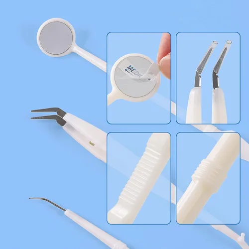 Vista 4 de JMU Paquete de 60 kits de examen dental desechables, juego de 3 instrumentos básicos, embalaje estéril, alicates de sonda explorador de espejo