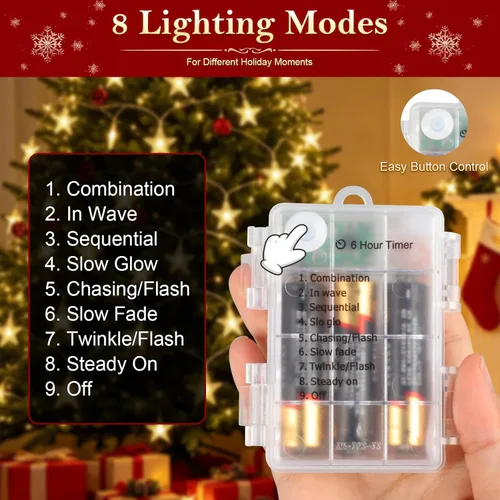Vista 5 de 20FT 60LED Christmas Star Fairy String Lights Battery Operated Warm White 8 Lighting Modes with Timer Function IP44 Waterproof Design for Christmas