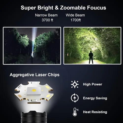 Vista 2 de Linternas recargables de alto lúmenes, 3 paquetes, 900,000 L linterna táctica de mano LED de alta potencia con 5 modos de luz, luz lateral