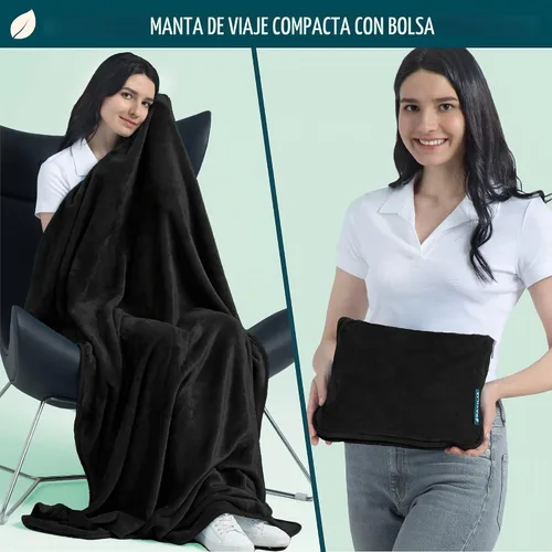 Vista 2 de PAVILIA Almohada Manta de Viaje, Manta Suave de Avión Conjunto Combo 2 en 1, Manta de Avión Compacta Empacable, Esenciales de Vuelo Almohada de Negro