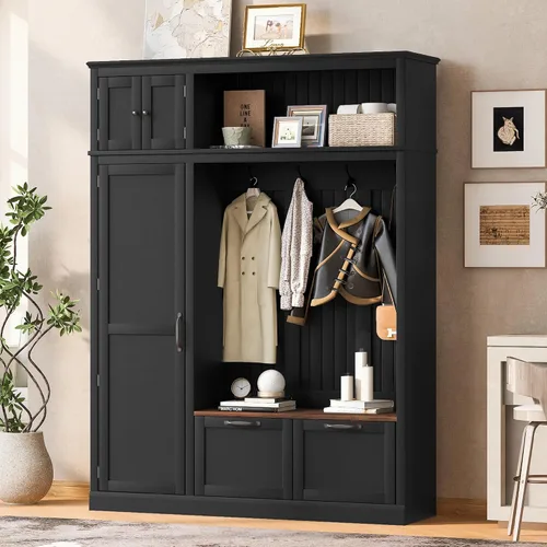 Vista 29 de JIVOIT Farmhouse Wood Hall Tree with Coat Hooks, Cabinets, 4 Drawers, Hooks (Ancient White/ 091)