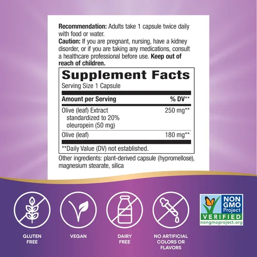 Vista 5 de Nature's Way Hoja de olivo, extracto premium, apoya la salud del corazón*, 20% de oleuropeína, 250 mg por porción, proyecto verificado sin OMG, 60