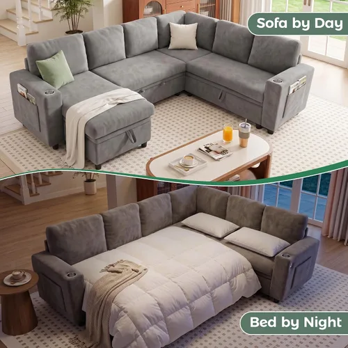 Vista 4 de Sofá cama seccional en forma de L con cama extraíble, 7 asientos Gris