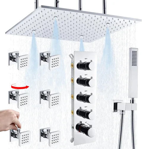 Vista 10 de Sistema de ducha termostático de lujo con cabezal de ducha, chorro de cuerpo ajustable de flujo, sistema de ducha de cuerpo completo de latón