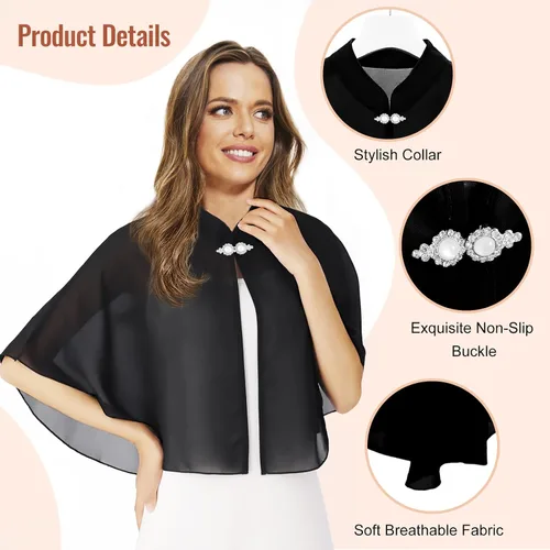 Vista 4 de RainFlowwer Chales y envolturas de gasa suave para mujer, cárdigan de manga corta transparente con frente abierto para vestido de noche, Negro