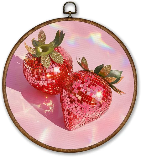 Vista 10 de Voxitura Arte de pared de frutas de cereza disco con marco redondo, decoración de pared preppy lienzo femenino para habitación de cocina, pinturas