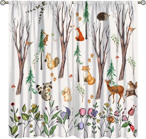 Vista 16 de Cortinas de animales del bosque, tratamientos de ventana para dormitorio del hogar, decoración de ventana de caricaturas, oso de acuarela, ardilla