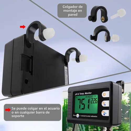 Vista 3 de Medidor digital combinado de pH y temperatura, termómetro de acuario, monitor de pH con función de calibración automática para laboratorio