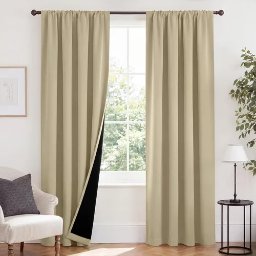 Vista 99 de NICETOWN Biscotti Beige 100% Cortinas opacas de 45" de largo para cocina, bolsillo con varilla para sótano completamente opaco, cortinas térmicas
