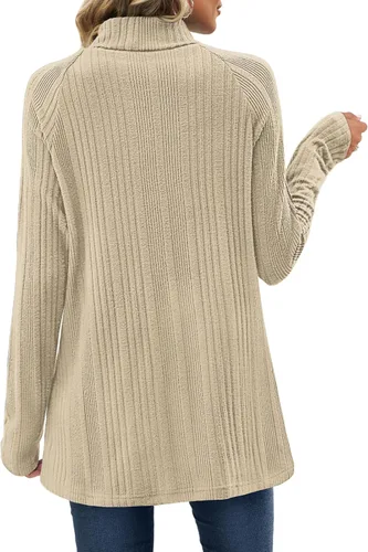 Vista 4 de OFEEFAN Camisetas de manga larga para mujer, cuello alto, túnica para otoño e invierno con abertura frontal