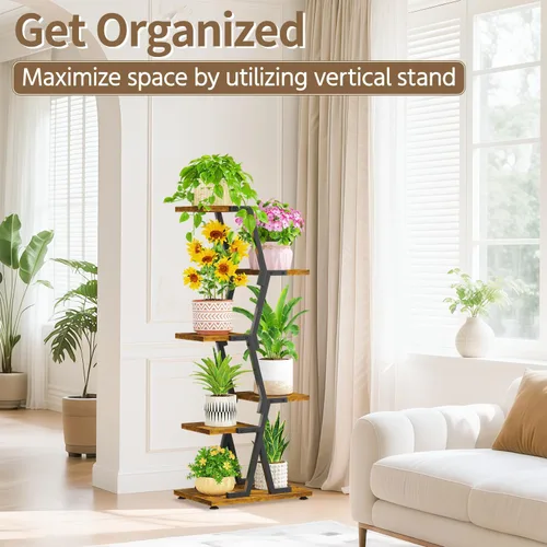 Vista 6 de LASZOLA Soporte para plantas de 5 niveles alto de madera y metal para interiores para macetas de servicio pesado, estante vertical grande