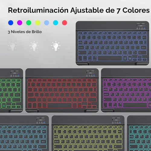 Vista 5 de OMOTON Teclado Bluetooth recargable y retroiluminado de 7 colores para iPad Negro
