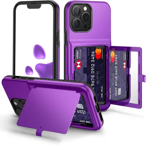 Vista 9 de WeLoveCase Funda para iPhone 13 Pro Max para mujer con tarjetero y espejo oculto, dos capas a prueba de golpes resistente funda protectora tipo Negro