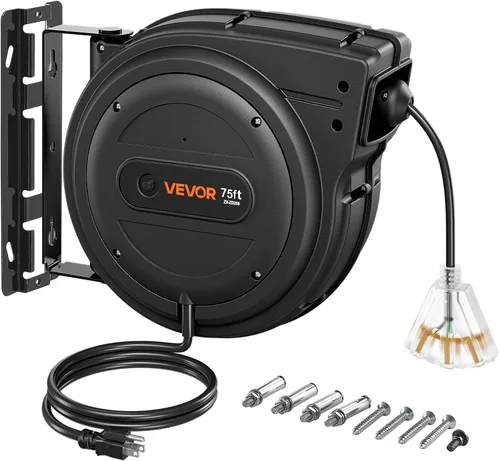 Vista 15 de VEVOR Carrete de cable de extensión retráctil de 25 pies resistente 14AWG