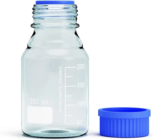 Vista 5 de Botellas de vidrio de borosilicato - 2 botellas redondas de almacenamiento de medios - 8.5 fl oz con tapa de rosca azul GL45