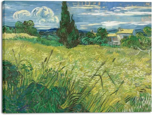 Vista 8 de Wieco Art Green Field 1889 - Lienzo decorativo clásico de Van Gogh, arte de pared estirado listo para colgar para decoración de oficina en casa