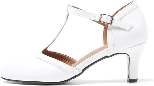 Vista 4 de LIURUIJIA Zapatos de tacón bajo Mary Jane para mujer, estilo retro, punta redonda, correa en T, D'Orsay para baile de graduación, talla grande
