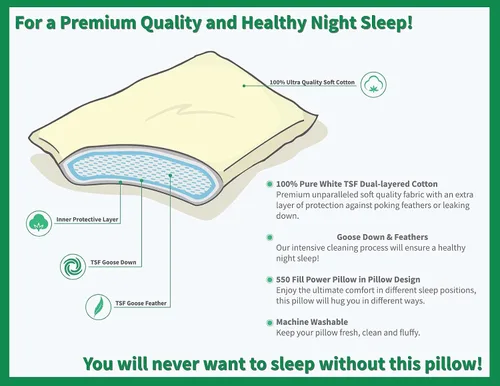 Vista 3 de Zisa Dreams Almohada premium de plumón y plumas 100% algodón de doble capa (juego de 2 almohadas) (estándar)