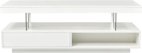Vista 5 de Mesa de centro LED moderna con 2 cajones y estantes de exhibición, mesa auxiliar de cóctel con luces LED para sala de estar (blanco)