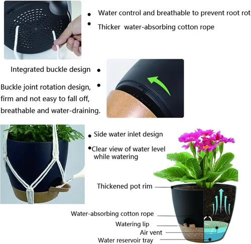 Vista 5 de Macetas colgantes con colgadores de macramé para plantas de interior y exterior, juego de 3 cestas colgantes de 35/27/21 pulgadas, macetas de riego