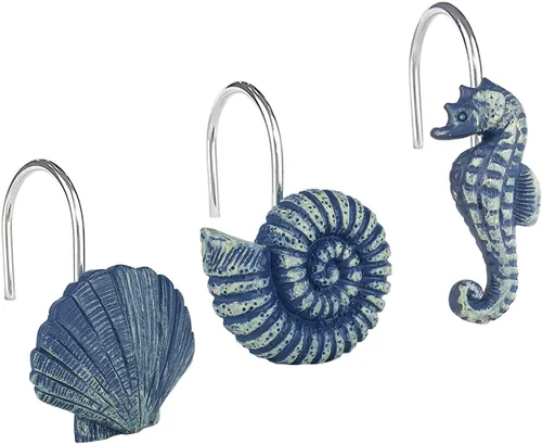Vista 12 de Sunlit - 12 piezas de ganchos para cortina de ducha azul agua resina, diseño costero de criaturas oceánicas, decoración náutica para baño