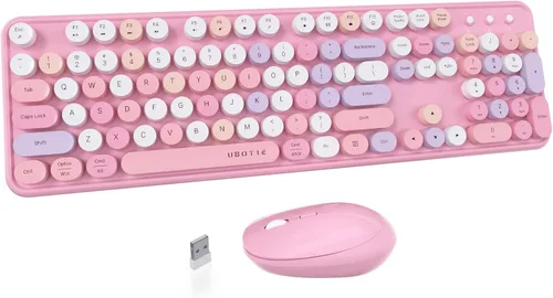 Vista 11 de UBOTIE Teclado inalámbrico colorido para computadora y mouse óptico, teclas flexibles, teclado de tamaño completo de oficina, conexión sin