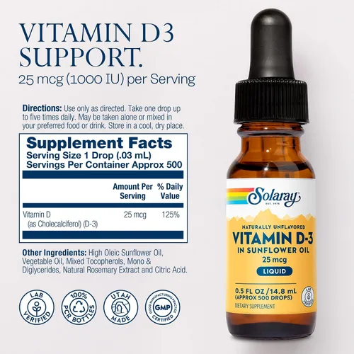 Vista 2 de SOLARAY Gotas líquidas de vitamina D3 de 25 mcg (1000 UI) - Gotas de vitamina D de absorción mejorada en aceite de girasol para soporte VIT D3