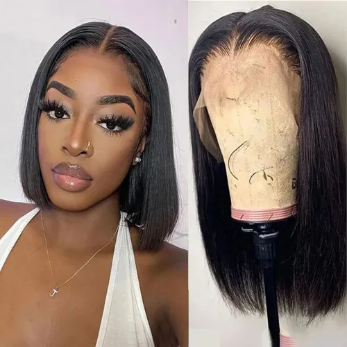 Vista 18 de Peluca de cabello humano lacio marrón con reflejos de 13 x 4, peluca frontal de encaje transparente #4, peluca corta Bob para mujeres negras