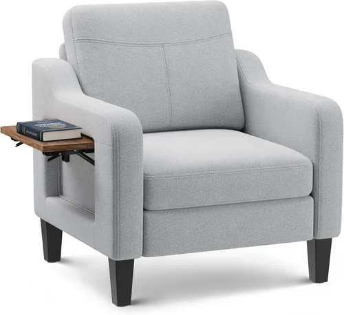 Vista 10 de Silla de acento para sala de estar, sillón moderno tapizado en lino, silla de sofá lateral de tela con estructura de madera con mesa plegable, 2