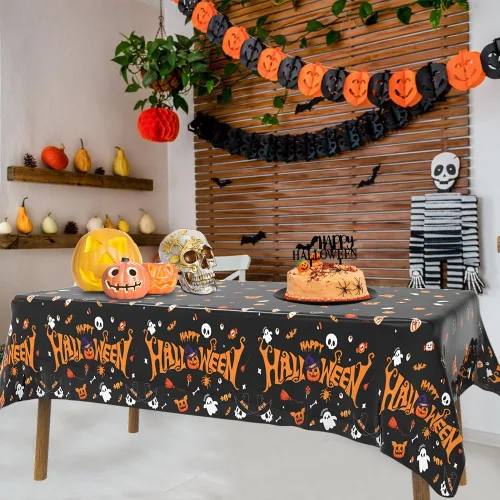 Vista 5 de Labeol Paquete de 3 manteles de Halloween, 108 x 54 pulgadas, manteles de Halloween negros, desechables, impermeables, de plástico, rectangular