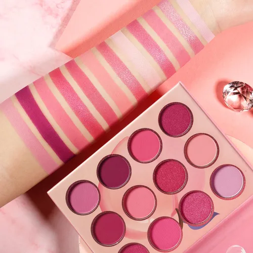 Vista 6 de Paleta de sombra de ojos rosa, 12 colores melocotón, mate y brillante, altamente pigmentada, rosa, mini paleta de sombra de ojos, cálida y natural