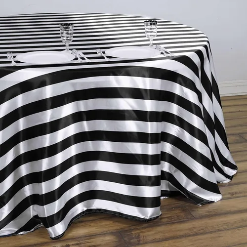 Vista 2 de Efavormart - Mantel redondo de satén a rayas blancas y negras de 120 pulgadas sin costuras para decoración de bodas, fiestas, eventos Negro