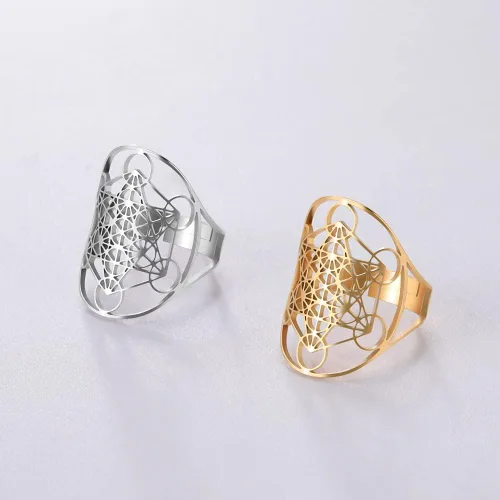Vista 8 de Amaxer Metatron's - Anillo de acero inoxidable con diseño de arco y metatrón, para mujer, con banda abierta